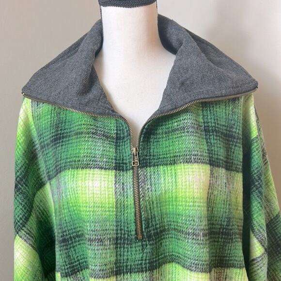 NEW Free People Woodstock green brushed plaid collared 3/4 zip poncho jacket - Picture 5 of 11